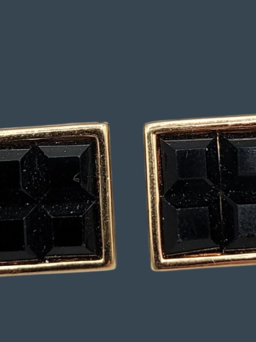 Swarovski Sal Signed Black Crystal Grid Square Post Earrings Gold Plated Studs - Picture 8 of 13
